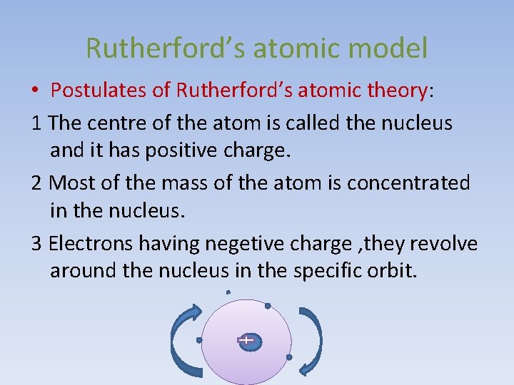 Rutherford’s atomic model • Postulates of Rutherford’s atomic theory: 1 The centre of the