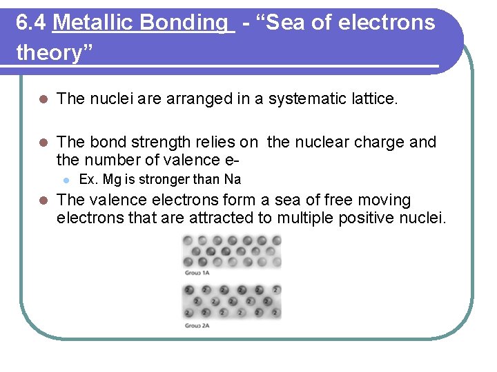 6. 4 Metallic Bonding - “Sea of electrons theory” l The nuclei are arranged