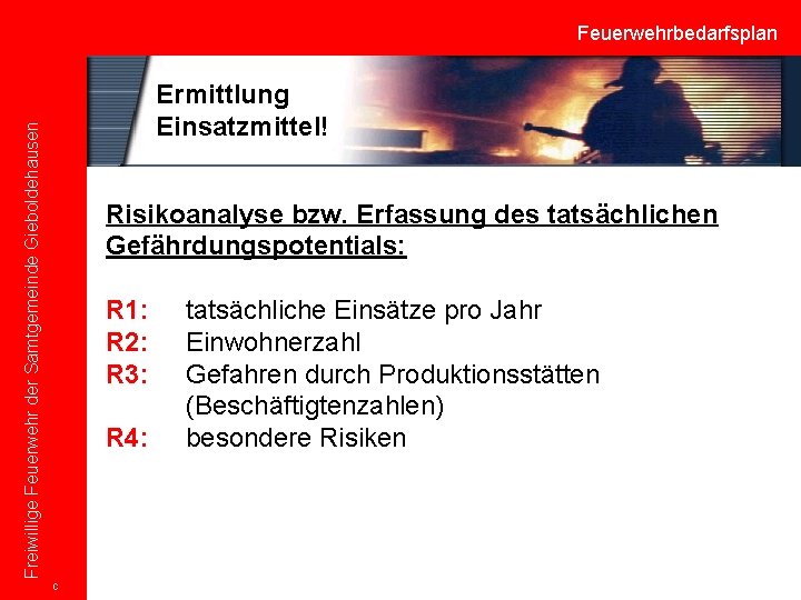 Feuerwehrbedarfsplan Freiwillige Feuerwehr der Samtgemeinde Gieboldehausen Ermittlung Einsatzmittel! Risikoanalyse bzw. Erfassung des tatsächlichen Gefährdungspotentials: