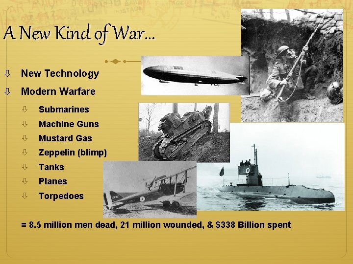 A New Kind of War… New Technology Modern Warfare Submarines Machine Guns Mustard Gas