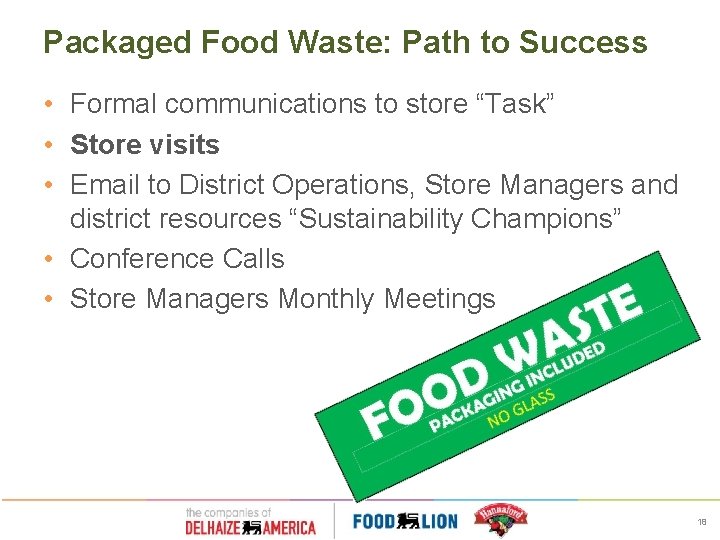 Packaged Food Waste: Path to Success • Formal communications to store “Task” • Store