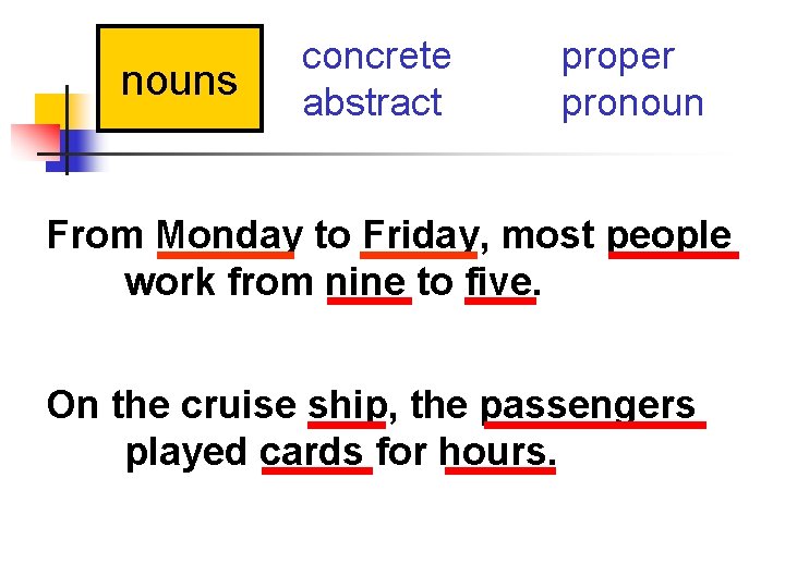 nouns concrete abstract proper pronoun From Monday to Friday, most people work from nine