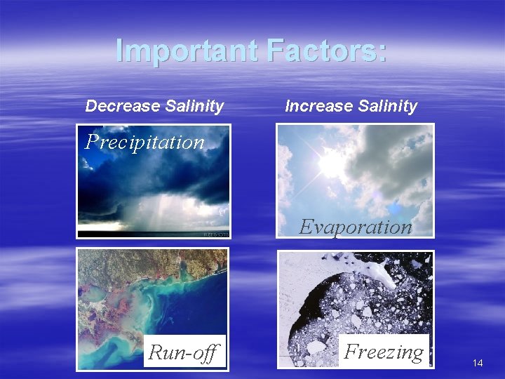 Important Factors: Decrease Salinity Increase Salinity Precipitation Evaporation Run-off Freezing 14 