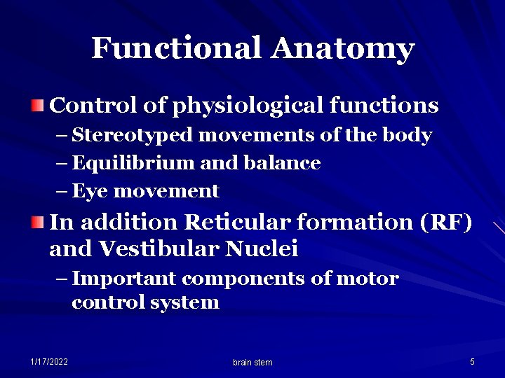 Functional Anatomy Control of physiological functions – Stereotyped movements of the body – Equilibrium