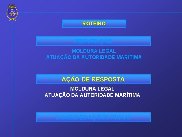 ROTEIRO PREVENÇÃO MOLDURA LEGAL ATUAÇÃO DA AUTORIDADE MARÍTIMA AÇÃO DE RESPOSTA MOLDURA LEGAL ATUAÇÃO