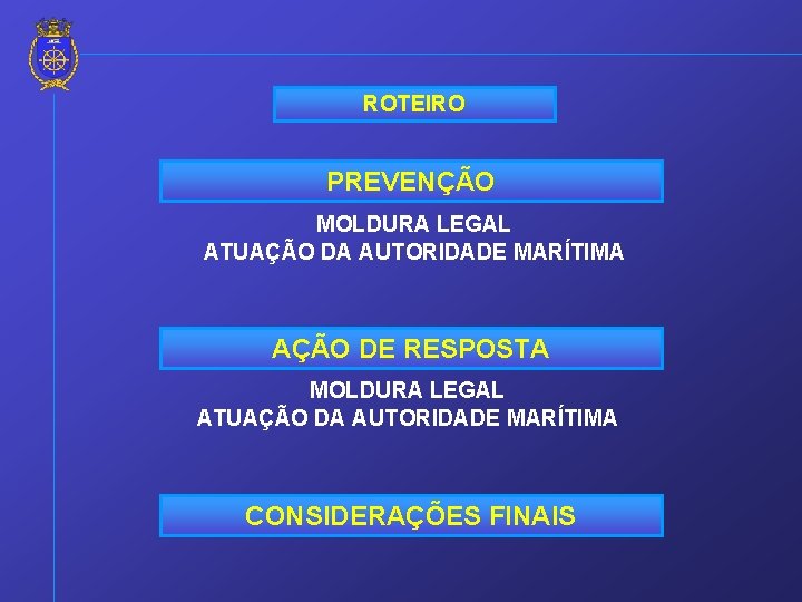 ROTEIRO PREVENÇÃO MOLDURA LEGAL ATUAÇÃO DA AUTORIDADE MARÍTIMA AÇÃO DE RESPOSTA MOLDURA LEGAL ATUAÇÃO