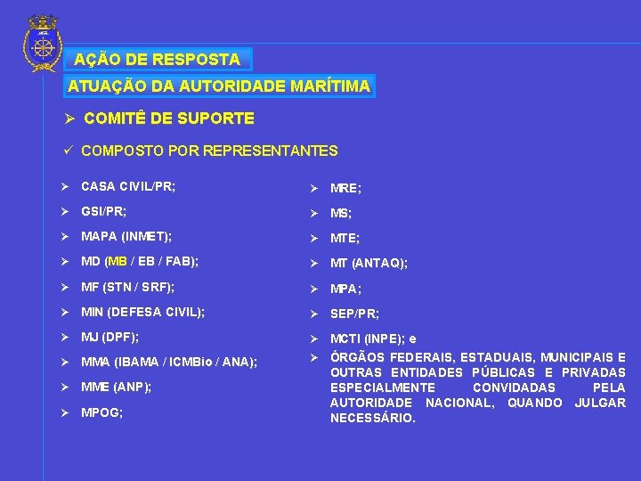 AÇÃO DE RESPOSTA ATUAÇÃO DA AUTORIDADE MARÍTIMA Ø COMITÊ DE SUPORTE ü COMPOSTO POR