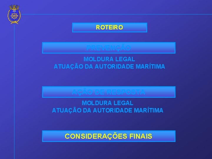 ROTEIRO PREVENÇÃO MOLDURA LEGAL ATUAÇÃO DA AUTORIDADE MARÍTIMA AÇÃO DE RESPOSTA MOLDURA LEGAL ATUAÇÃO