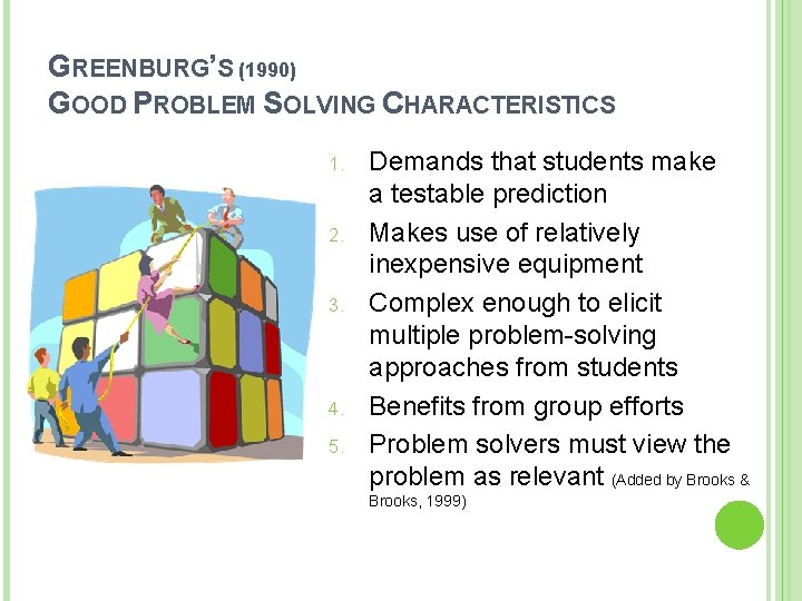 GREENBURG’S (1990) GOOD PROBLEM SOLVING CHARACTERISTICS 1. 2. 3. 4. 5. Demands that students
