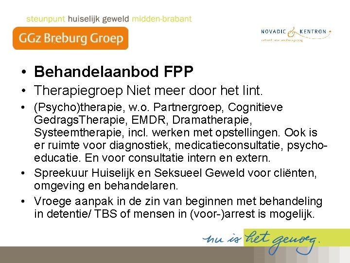  • Behandelaanbod FPP • Therapiegroep Niet meer door het lint. • (Psycho)therapie, w.