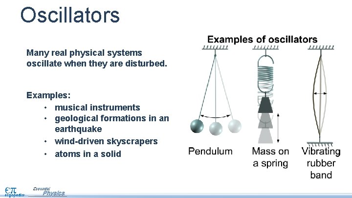 Oscillators Many real physical systems oscillate when they are disturbed. Examples: • musical instruments