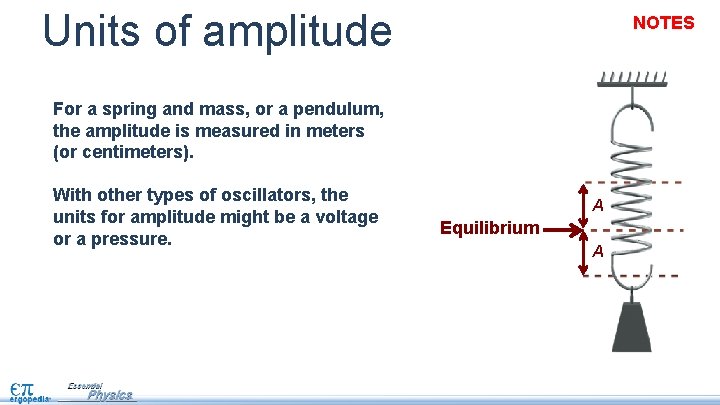 Units of amplitude NOTES For a spring and mass, or a pendulum, the amplitude