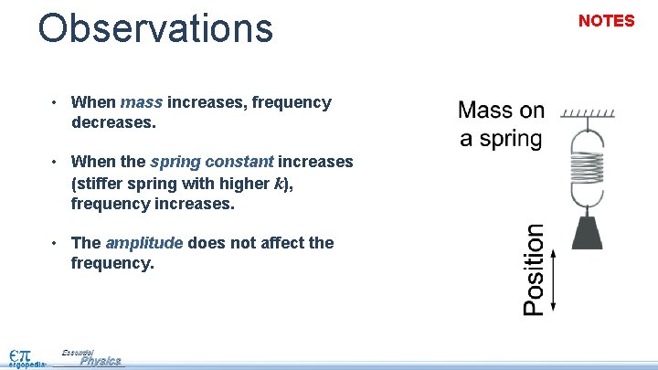 Observations • When mass increases, frequency decreases. • When the spring constant increases (stiffer