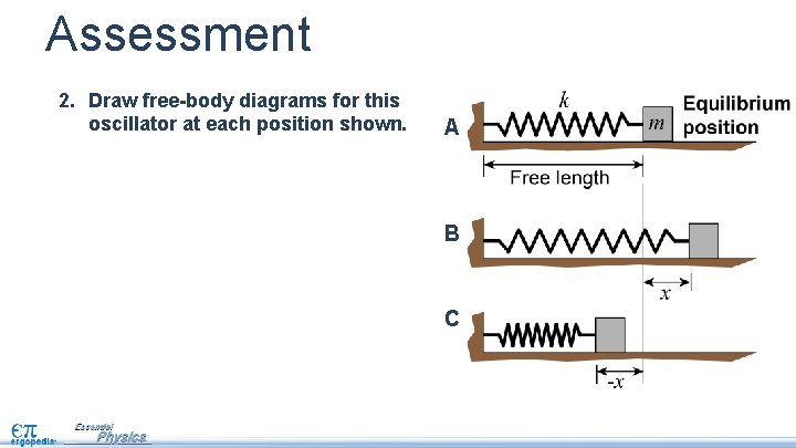Assessment 2. Draw free-body diagrams for this oscillator at each position shown. A B