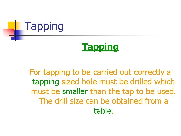 Tapping For tapping to be carried out correctly a tapping sized hole must be
