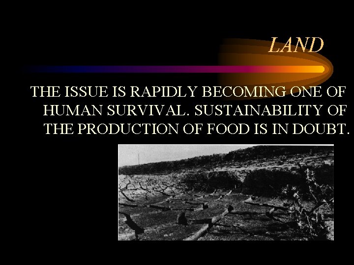 LAND THE ISSUE IS RAPIDLY BECOMING ONE OF HUMAN SURVIVAL. SUSTAINABILITY OF THE PRODUCTION