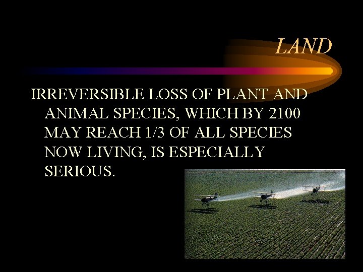 LAND IRREVERSIBLE LOSS OF PLANT AND ANIMAL SPECIES, WHICH BY 2100 MAY REACH 1/3