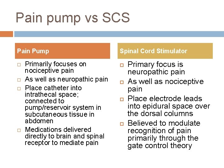Pain pump vs SCS Pain Pump Primarily focuses on nociceptive pain As well as
