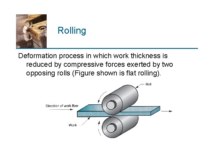 Rolling Deformation process in which work thickness is reduced by compressive forces exerted by