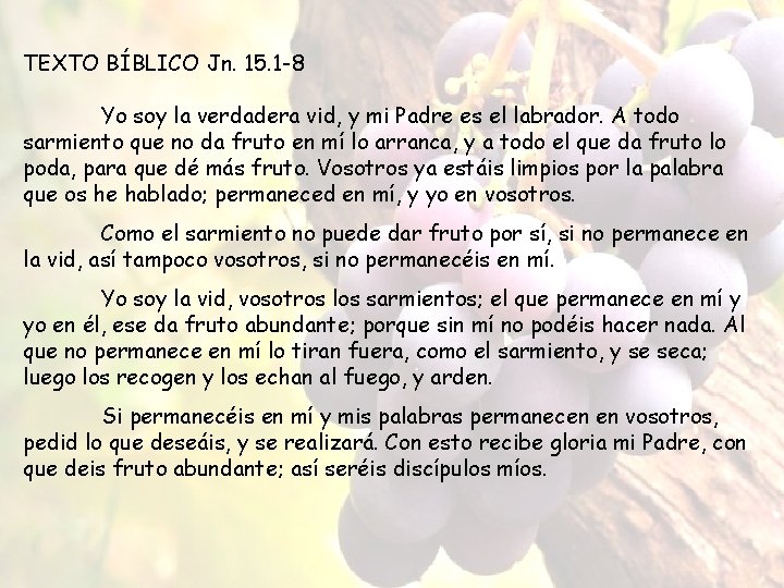 TEXTO BÍBLICO Jn. 15. 1 -8 Yo soy la verdadera vid, y mi Padre