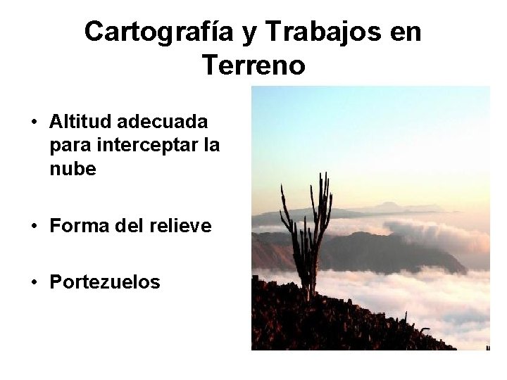 Cartografía y Trabajos en Terreno • Altitud adecuada para interceptar la nube • Forma