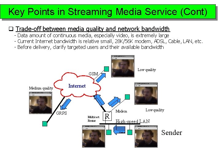 Key Points in Streaming Media Service (Cont) q Trade-off between media quality and network