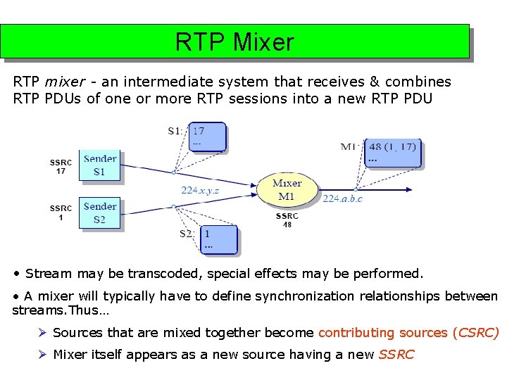 RTP Mixer RTP mixer - an intermediate system that receives & combines RTP PDUs