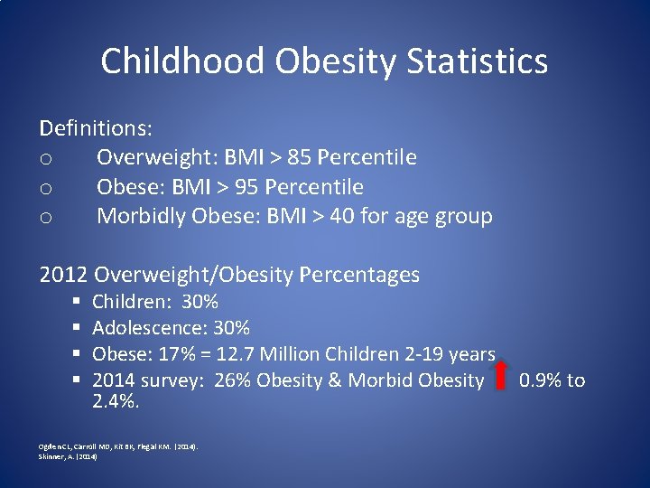 Childhood Obesity Statistics Definitions: o Overweight: BMI > 85 Percentile o Obese: BMI >
