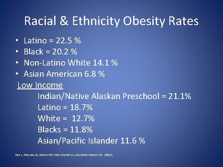 Racial & Ethnicity Obesity Rates • Latino = 22. 5 % • Black =