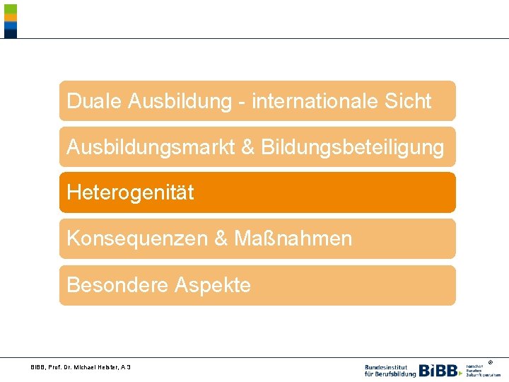 Duale Ausbildung - internationale Sicht Ausbildungsmarkt & Bildungsbeteiligung Heterogenität Konsequenzen & Maßnahmen Besondere Aspekte