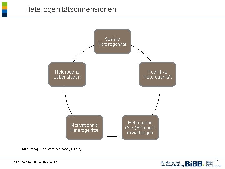 Heterogenitätsdimensionen Soziale Heterogenität Heterogene Lebenslagen Motivationale Heterogenität Kognitive Heterogenität Heterogene (Aus)Bildungserwartungen Quelle: vgl. Schuetze