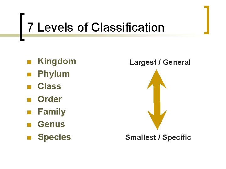 7 Levels of Classification n n n Kingdom Phylum Class Order Family Genus Species