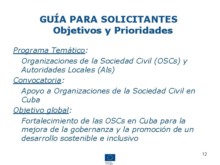 GUÍA PARA SOLICITANTES Objetivos y Prioridades Programa Temático: • Organizaciones de la Sociedad Civil