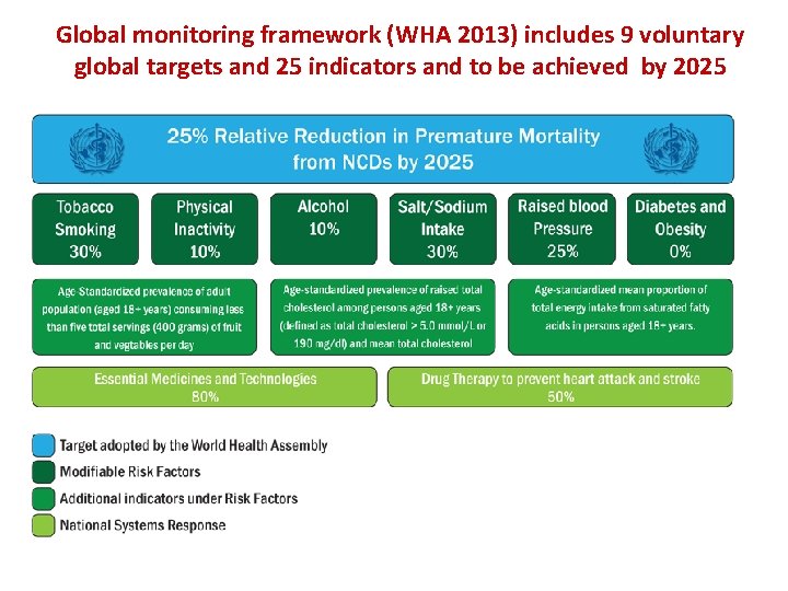Global monitoring framework (WHA 2013) includes 9 voluntary global targets and 25 indicators and