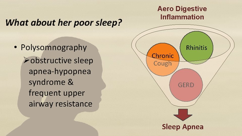 What about her poor sleep? • Polysomnography Øobstructive sleep apnea-hypopnea syndrome & frequent upper