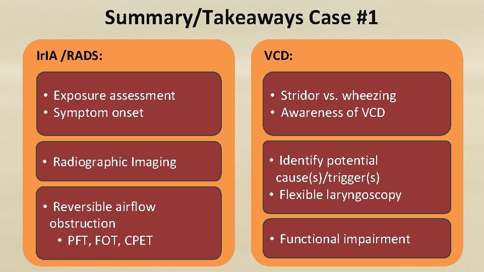 Summary/Takeaways Case #1 Ir. IA /RADS: VCD: • Exposure assessment • Symptom onset •