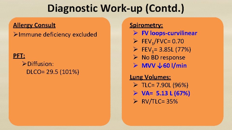 Diagnostic Work-up (Contd. ) Allergy Consult ØImmune deficiency excluded PFT: ØDiffusion: DLCO= 29. 5