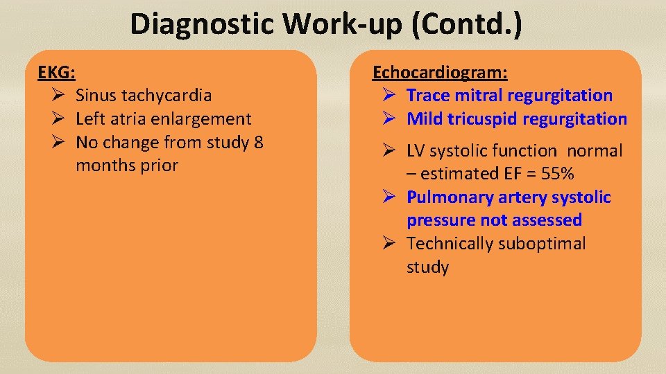 Diagnostic Work-up (Contd. ) EKG: Ø Sinus tachycardia Ø Left atria enlargement Ø No