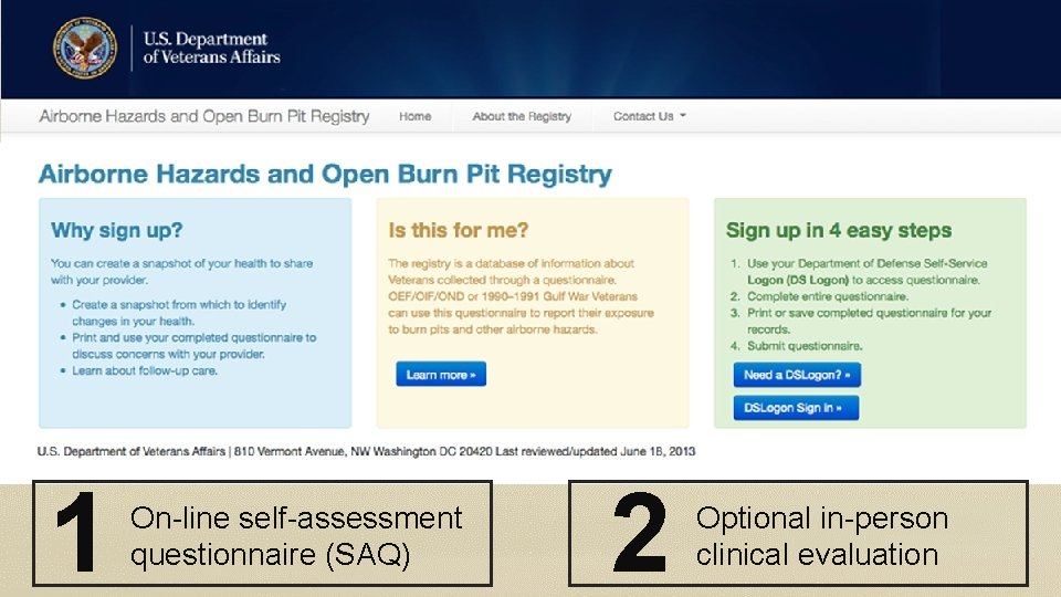 1 On-line self-assessment questionnaire (SAQ) 2 Optional in-person clinical evaluation 