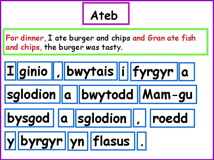 Ateb For dinner, I ate burger and chips and Gran ate fish and chips,