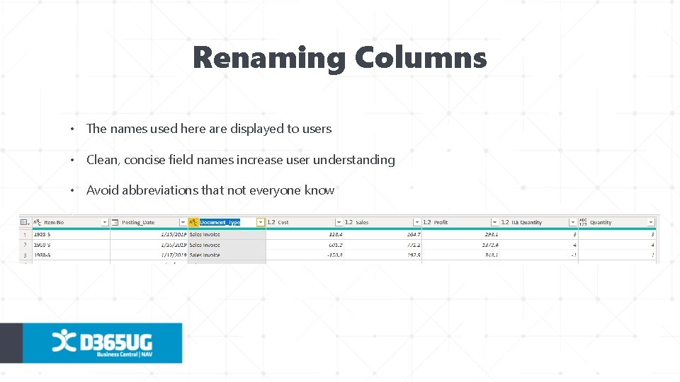 Renaming Columns • The names used here are displayed to users • Clean, concise