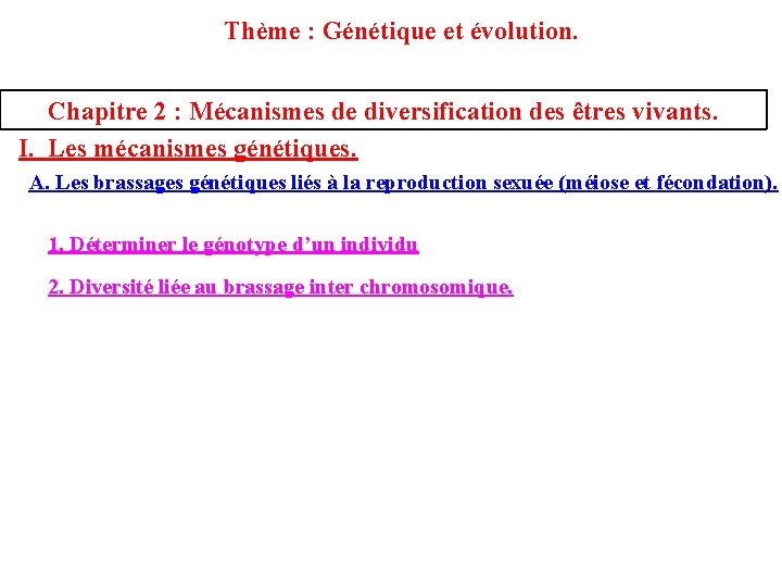 Thème : Génétique et évolution. Chapitre 2 : Mécanismes de diversification des êtres vivants.