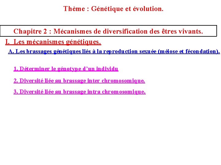 Thème : Génétique et évolution. Chapitre 2 : Mécanismes de diversification des êtres vivants.