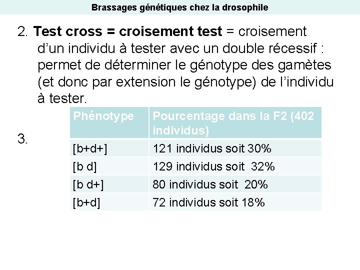 Brassages génétiques chez la drosophile 2. Test cross = croisement test = croisement d’un