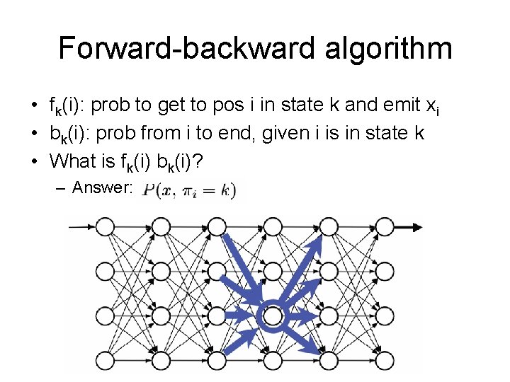 Forward-backward algorithm • fk(i): prob to get to pos i in state k and
