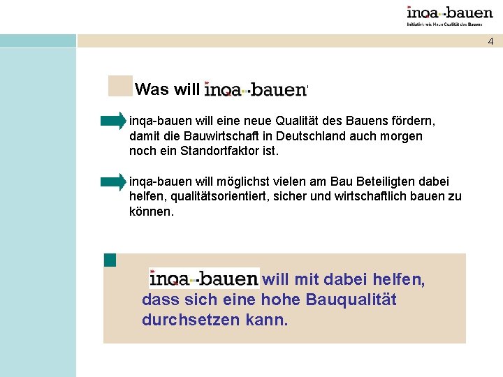 4 Was will ? inqa-bauen will eine neue Qualität des Bauens fördern, damit die