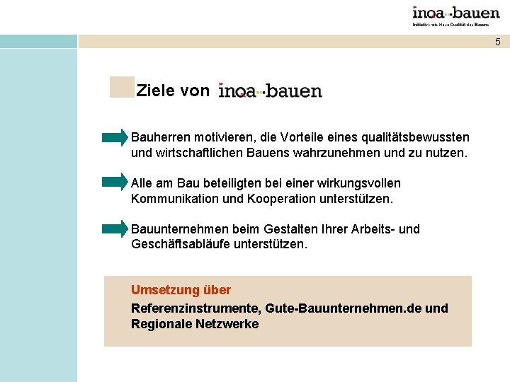 5 Ziele von Bauherren motivieren, die Vorteile eines qualitätsbewussten und wirtschaftlichen Bauens wahrzunehmen und