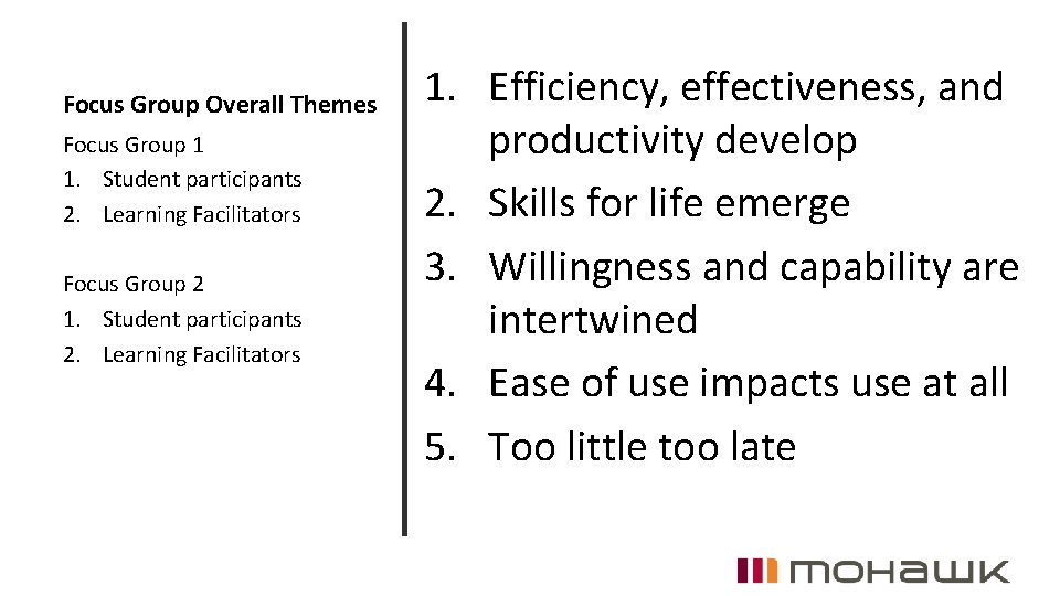 Focus Group Overall Themes Focus Group 1 1. Student participants 2. Learning Facilitators Focus
