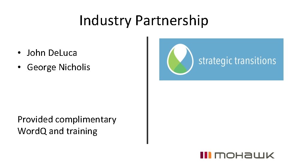 Industry Partnership • John De. Luca • George Nicholis Provided complimentary Word. Q and