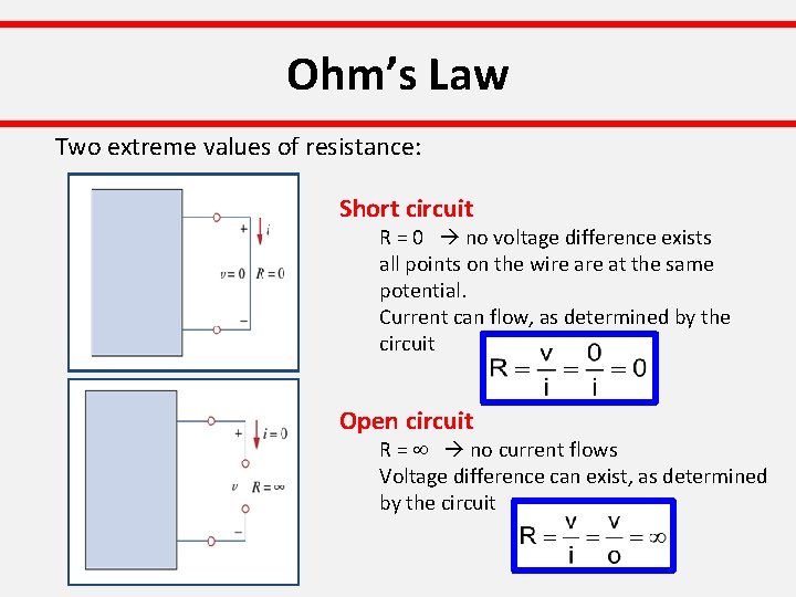 Ohm’s Law Two extreme values of resistance: Short circuit R = 0 no voltage